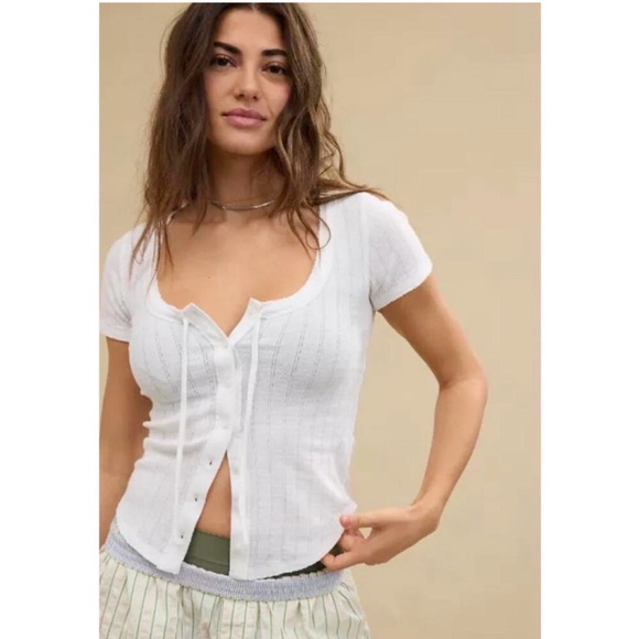 aerie Tops - Aerie Sneak Peek Babydoll Short Sleeve Blouse Shirt Women's Small White Boho